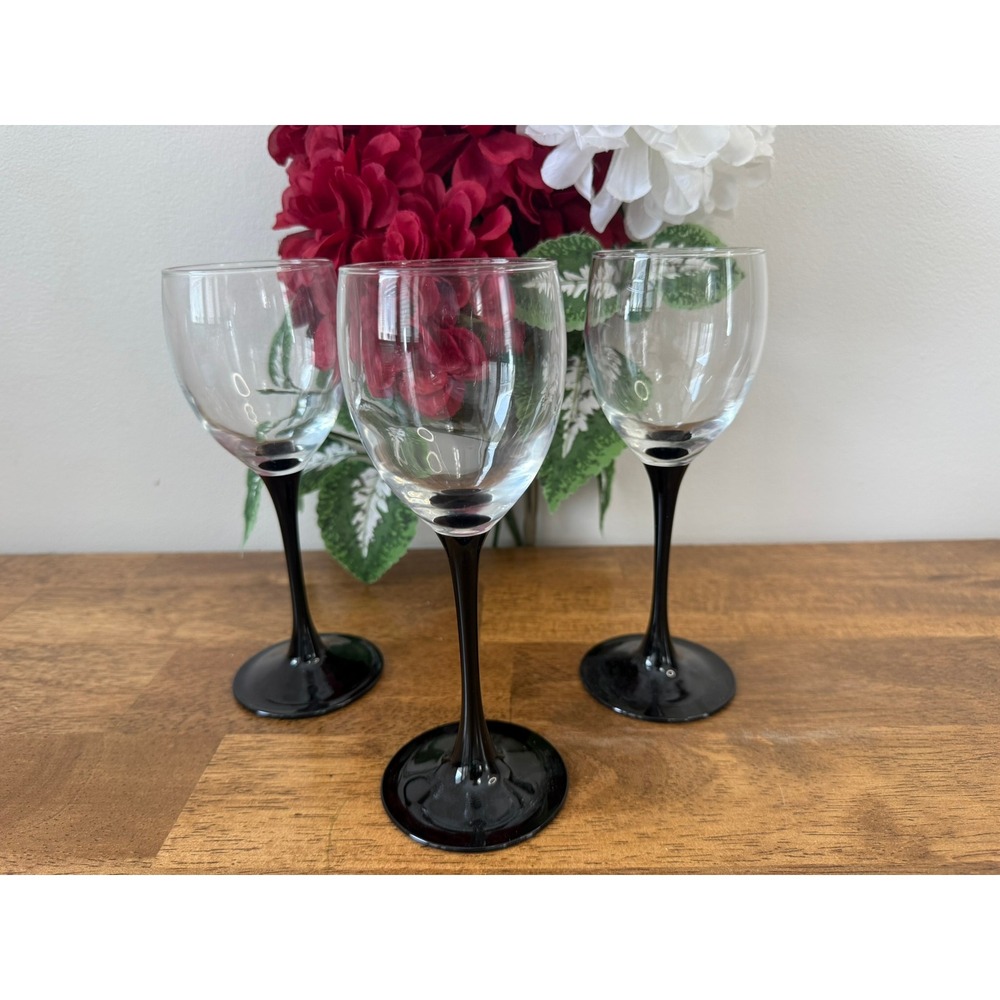 Vintage Luminarc Black Stem Wine Glass Set France Mid Century Barware Bar‎ Cart